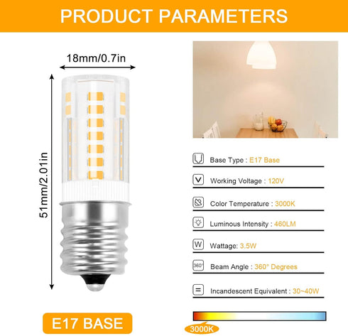 E17 Light Bulb 3000K Warm White - T5 Intermediate Base Microwave LED Bulbs, 3.5W Equivalent for Refrigerator, 4 Pack