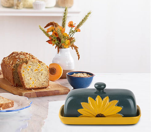 Butter Dish with Lid, Ceramic Sunflower Butter Keeper for Countertop, Large Covered Butter Tray, Farmhouse Butter Dish