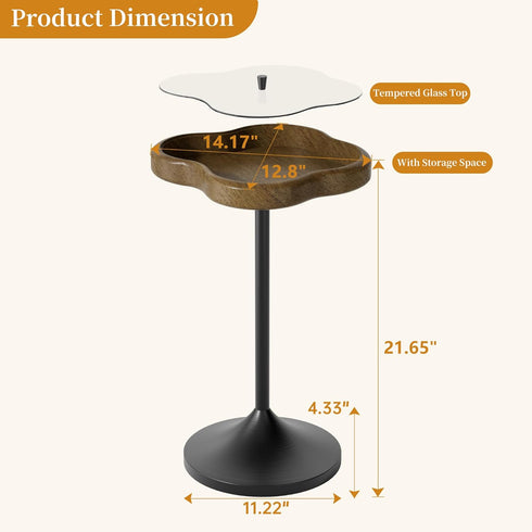 Aoligrace Small Side Table, Solid Wood End Table with Tempered Glass Top, Unique Drink Pedestal Table with Storage