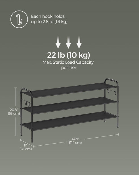 3-Tier 4 18 Closet, SONGMICS Shoe Rack, Shoe Organizer, Fabric Shoe Shelf Storage with Hooks, Holds up to Pairs