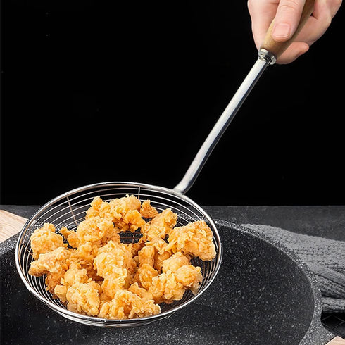 IQCWOOD Spider Strainer Skimmer with Wood Handle, 5.5 Inch Fryer Scoop for Cooking and Frying, Kitchen Utensils Spoon