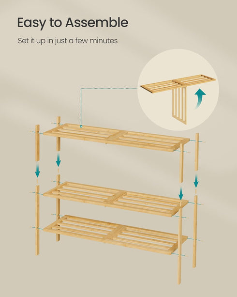 Closet, 3-Tier, 12-16 ULBS053YL01 SONGMICS Bamboo Shoe Rack for Stackable Shoe Oragnizer with Modular Structure
