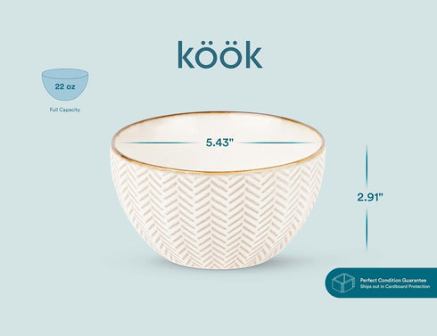 KooK Ceramic Cereal Bowls Set of 4, Embossed for Yogurt, Dessert, and Poke, Microwave & Dishwasher Safe, Cream