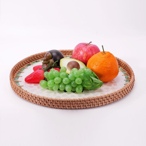 Nonam 100% 13.5" Shellac Rattan Tray with Mother of Pearl Inlay, Round Decorative Serving Tray for Home Dcor Coffee