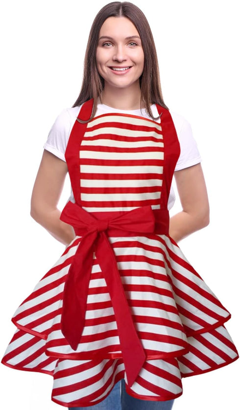 Cute Lovely Violet Mist Retro Aprons for Women, Girls, Vintage 50s Red Striped Kitchen Ruffle Apron, Christmas Gift