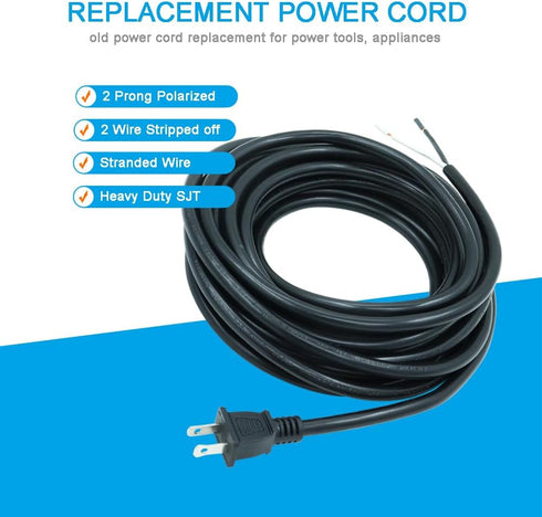 25FT 14 AWG 2 Prong Pigtail Power Cord, 110V Black Cable Open Wire, Heavy Duty 120V 15A Electrical Repair Cord