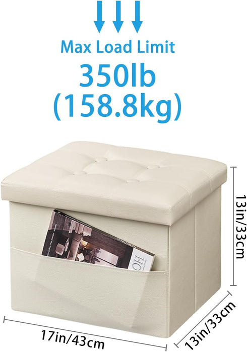 17 Inches Ottoman with Storage Foot Stool, Folding Storage Ottoman, Leather Upholstered Ottomans Foot Rest with Side
