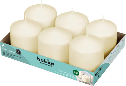BOLSIUS 6 Ivory Pillar Candles Bulk - 3x3 Inches Set, 25+ Hours Clean Burning, Unscented Dripless Dinner Pillars