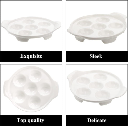 Okllen 4 Pack Ceramic Escargot Plates, 6.5 Inch Seafood Snail Dish with Handles, White Baking Dish