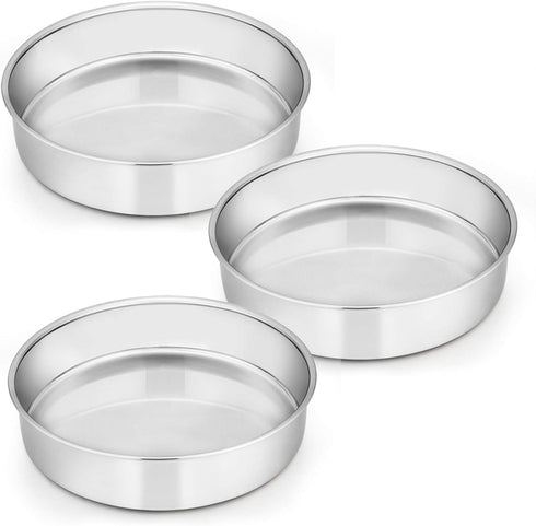 E-far 8 Inch Cake Pan Set of 3, Stainless Steel Round Layer Cake Baking Pans, Non-Toxic & Dishwasher Safe