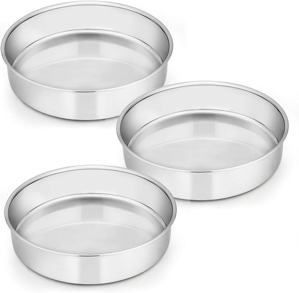 E-far 8 Inch Cake Pan Set of 3, Stainless Steel Round Layer Cake Baking Pans, Non-Toxic & Dishwasher Safe