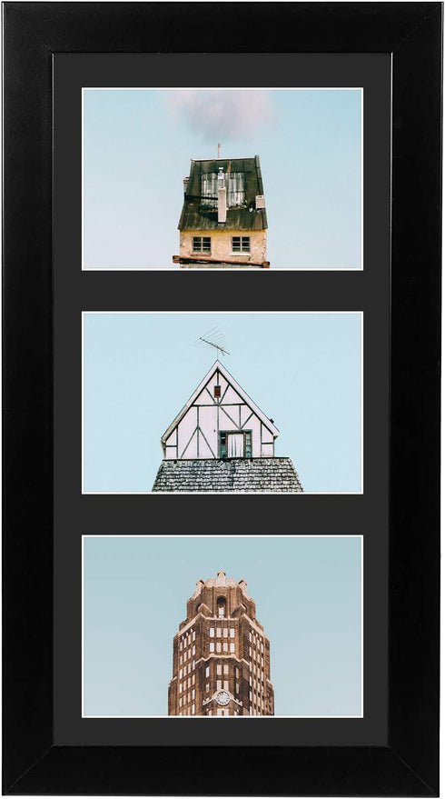 Golden State Art 7x14 Black Wood Frame for Three 4x6 Pictures with 3-Opening Black Mat Color, Portrait or Landscape