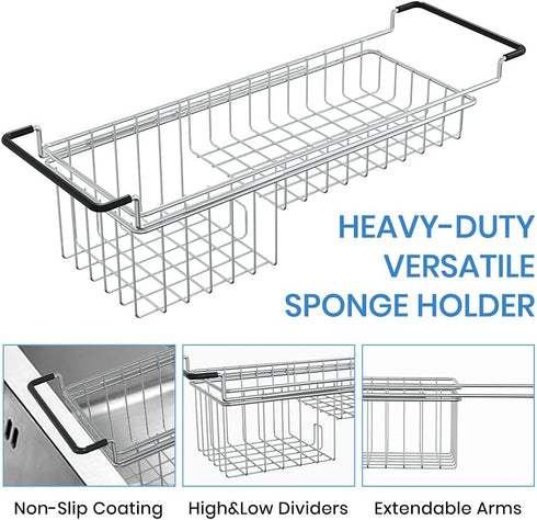 13.8" 20.8", TreeLen Over The Kitchen Sink Caddy Sponge Holder Organizer Drying Rack Expandable for Sponge Brush Soap
