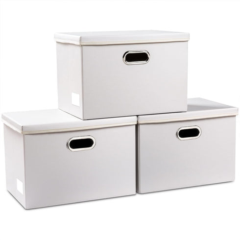 PRANDOM Large Stackable Storage Bins with Lids, 3-Pack Leather Fabric Foldable Storage Boxes for Home