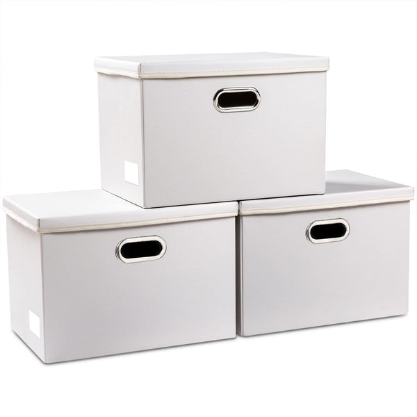 PRANDOM Large Stackable Storage Bins with Lids, 3-Pack Leather Fabric Foldable Storage Boxes for Home