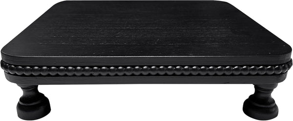dwellington Farmhouse Display Wood Riser, 12" Decorative Black Beaded Pedestal Stand, Square Tiered