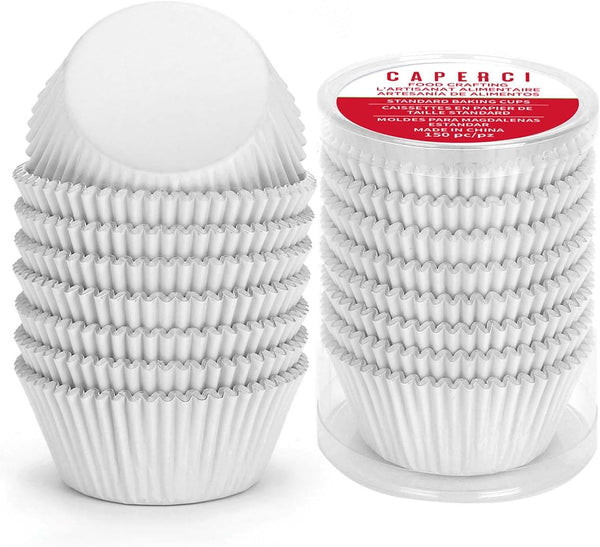 Caperci Standard White Foil Cupcake Liners 150-Pack, Premium Greaseproof Muffin Wrappers for Baking