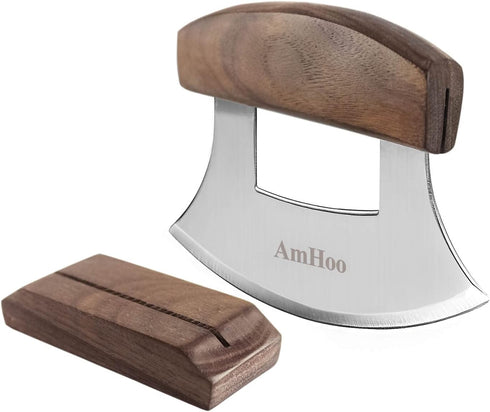 AmHoo Pizza Cutter Chef Mezzaluna Ulu Knife Handle Walnut Wood Grip Sharp