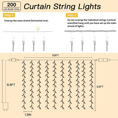 200 9.8 6.6FT 8 LED Curtain String Lights * Plug in Fairy with Timer and Modes, Waterproof Window Wall for Bedroom