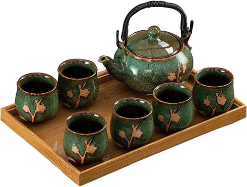 KEYDUACU Japanese Tea Set, Kiln-Formed Ceramic Tea Set, Plum Blossom Embossed, Includes