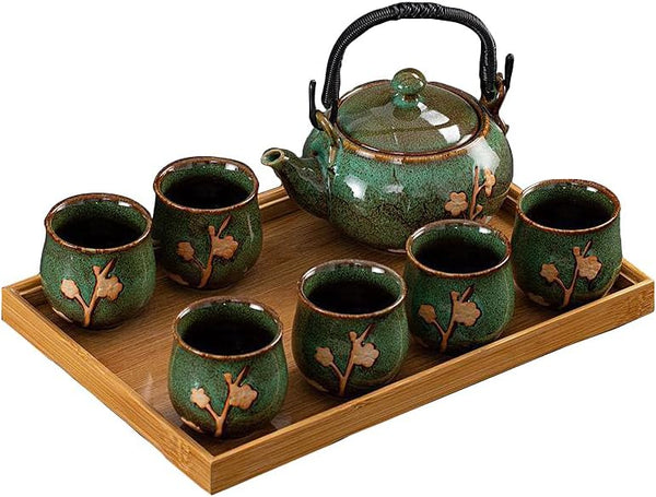 KEYDUACU Japanese Tea Set, Kiln-Formed Ceramic Tea Set, Plum Blossom Embossed, Includes