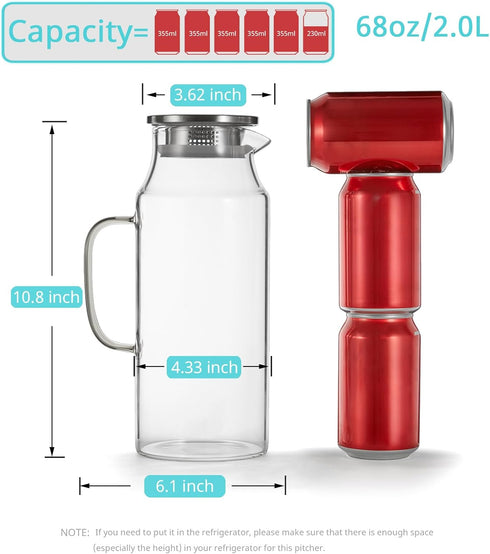 2 68 oz Bivvclaz Liter Glass Pitcher with Lid and Handle, Glass Carafe for Hot/Cold Water, Large Iced Tea Pitcher