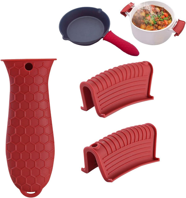 3 Pack Silicone Pot Handle Sleeve Cover, Heat Resistant Cast Iron Skillet Handle Grip for Frying Pans & Griddles (Red)