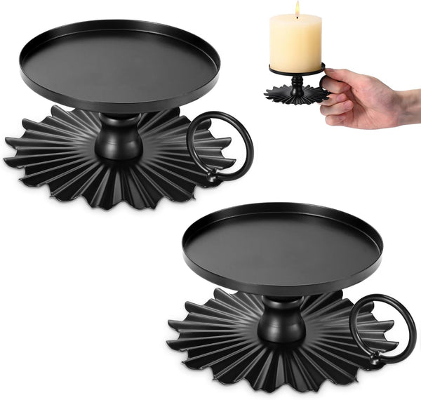Black Iron Plate Candle Holder - Set of 2 Candle Pedestal for 3.15in Pillar Candles