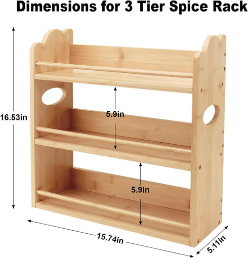 3 Counter Tier Bamboo Spice Rack, Spice Rack Organizer, Seasoning Jars Rack Shelf Spice Organizer for Kitchen or Wall