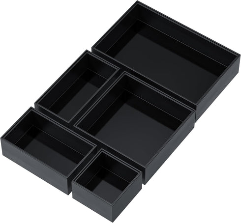 Bamboo Drawer Organizer Trays, 5 PCS Stackable Junk Drawer Organizer Bins for Makeup, Office Desk, Vanity, Black