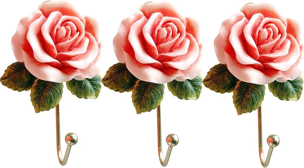 OPENDGO 3PCS Rose Resin Wall Hooks, Wall Mounted Creative Flower Iron Hook for Hanging Coat, Hat, Key, Towel
