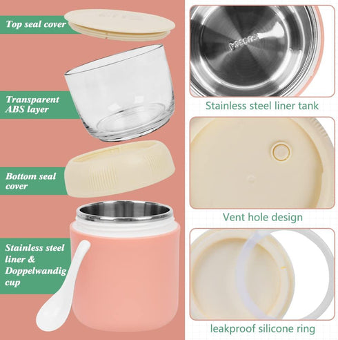 2-Tier Oatmeal Yogurt Containers, Stainless Steel Insulated Food Containers with Lids and Spoons, Cereal Cup