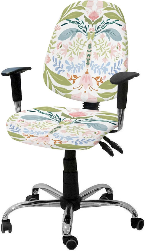Green Blue Pink Floral Office Chair Cover, Stretchable Computer Chair Seat Cover, Backrest Slipcovers, Rustic Ethnic