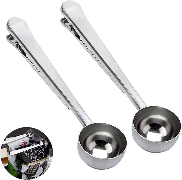 Coffee Scoop Clip Stainless Steel Tablespoon with Long Handle, Multifunction Sealing Bag Clip for Kitchen Tools