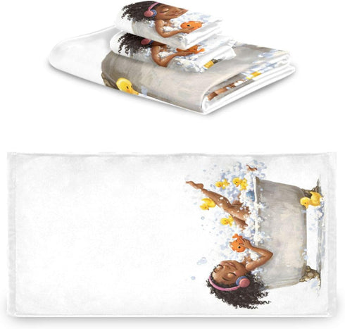 Sets, 3-Piece 1 1 1 Set 3 ALAZA Towel Bathroom African Girl On Bath with Music Yellow Duck Towels Bath Towel Washcloth