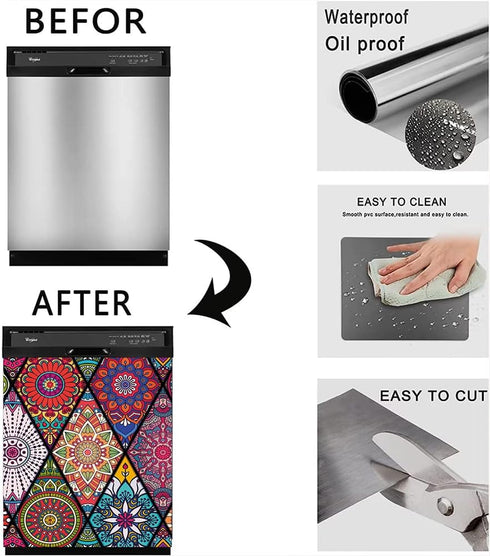 Mandala Flower Dishwasher Magnetic Cover, Beautiful Kitchen Decoration Bohemian Self Adhesive Magnet Panel