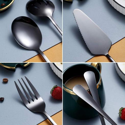 HOMQUEN Black 10-Piece Serving Flatware Set - Stainless Steel Utensils Include Slotted Spoon, Serving Fork & Ladle