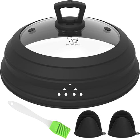 Collapsible Microwave Splatter Cover, Glass Food Cover with Handle, Silicone Steam Vents, Dishwasher Safe (10.5 inch)