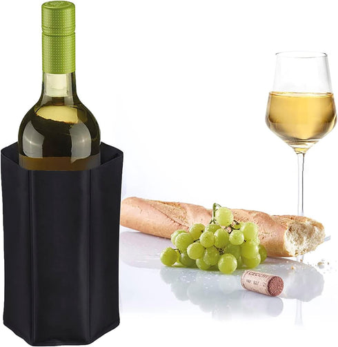 Wine Bottle Chiller, Cooling Gel Sleeve Wrap for Outdoor, Travel, Parties, Black, Pack of 2