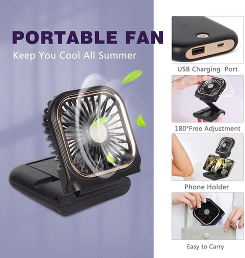 Portable Mini Fan - 5 in 1 with Power Bank, Phone Holder, Handheld & Desk Fan, USB Rechargeable, Black