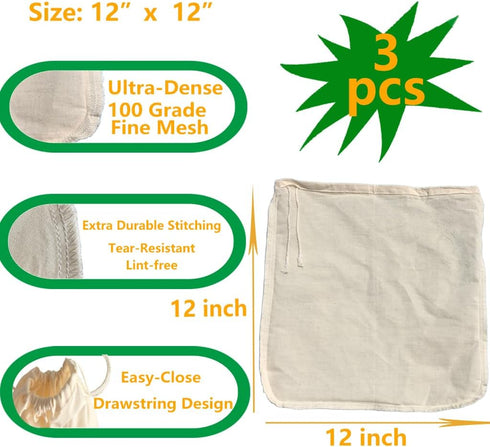 Turkey(3 pc,12"x 12") Nut Milk Bag,Cheese Cloths Bag for Straining,Unbleached Cotton Reusable Ultra-dense Cheesecloth
