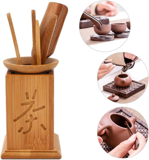 Bamboo Gongfu Set of 6, Chinese Ceremony Accessories with Bucket, Spoon, Scoop, Clip, Tea Gift Set