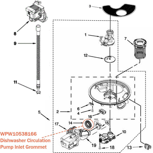 WPW10538166 Dishwasher Pump Grommet for Whirlpool Circulation Pump, Replaces W10538166, W10195068, AP6022761