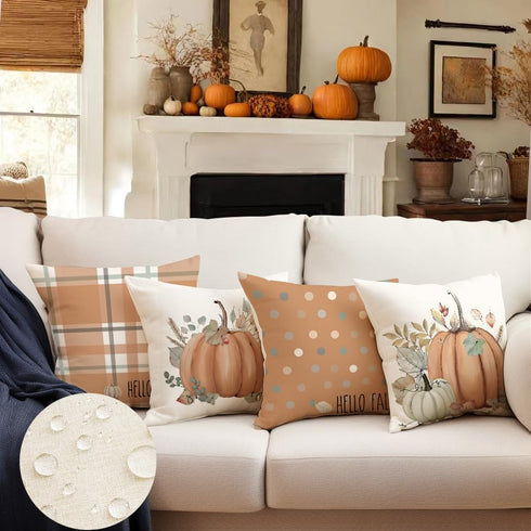 RABUSOFA Outdoor Fall Decor Pillow Covers 18x18 Inch,Waterproof Polka Dots Pumpkin Pillow Cases Set of 4,Thanksgiving Decorative Striped Buffalo Plaid Eucalyptus Throw Pillows for Porch Orange(7-18) by RABUSOFA