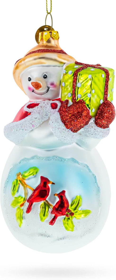 Snowman with Red Cardinals Blown Glass Christmas Ornament Holding a Gift