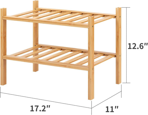 Furshus 2-Tier Closet, Small Shoe Rack, Bamboo Stackable Shoe Shelf Storage Organizer, Shoe Stand for Entryway