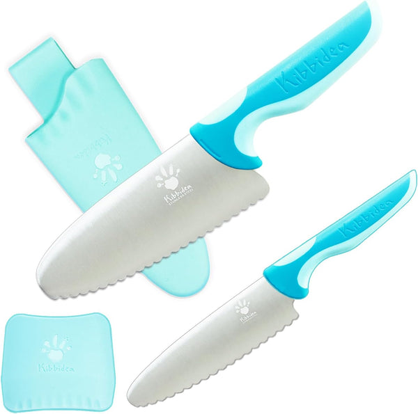 Kids Knife Set, 4 Pcs Safe Cooking Knives, Round Tip, BPA-Free Stainless Steel, Blue