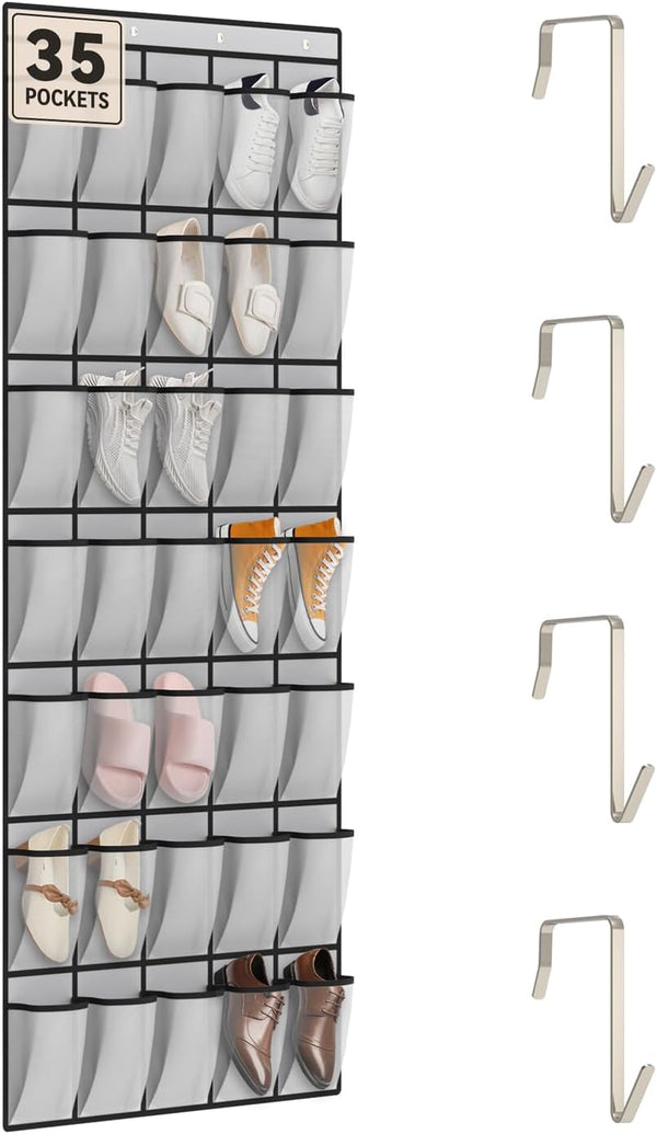 dodowin Over the Door Shoe Organizer Rack, 35 Large Breathable Mesh Pockets,