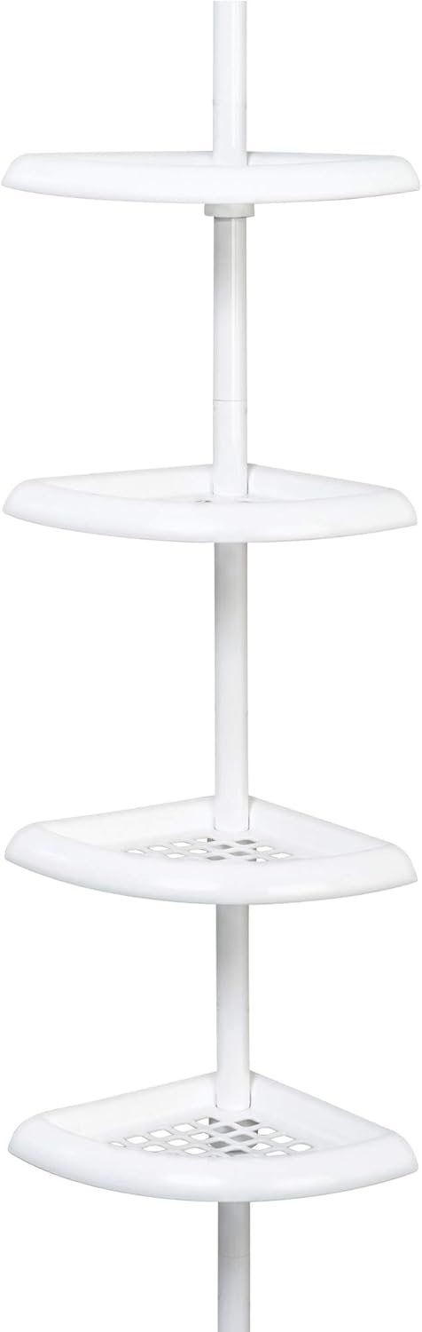 Zenna Home Tension Pole Shower Caddy, 4 Shelves, Adjustable 60 to 97 Inch, in White
