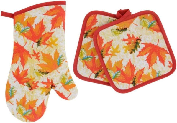 Combined Fall Kitchen Pot Holder and Mitt - Autumn Oven Mitt and Pot Holder Set, Maple Leaves - 3 Items